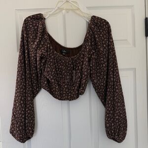 Lulu's Chocolate Brown Floral Smocked Puff Sleeve Crop Top